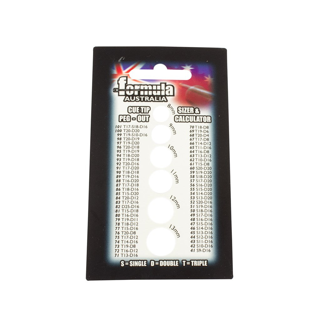 Darts Peg Out/Checkout Card and Cue Tip Sizer