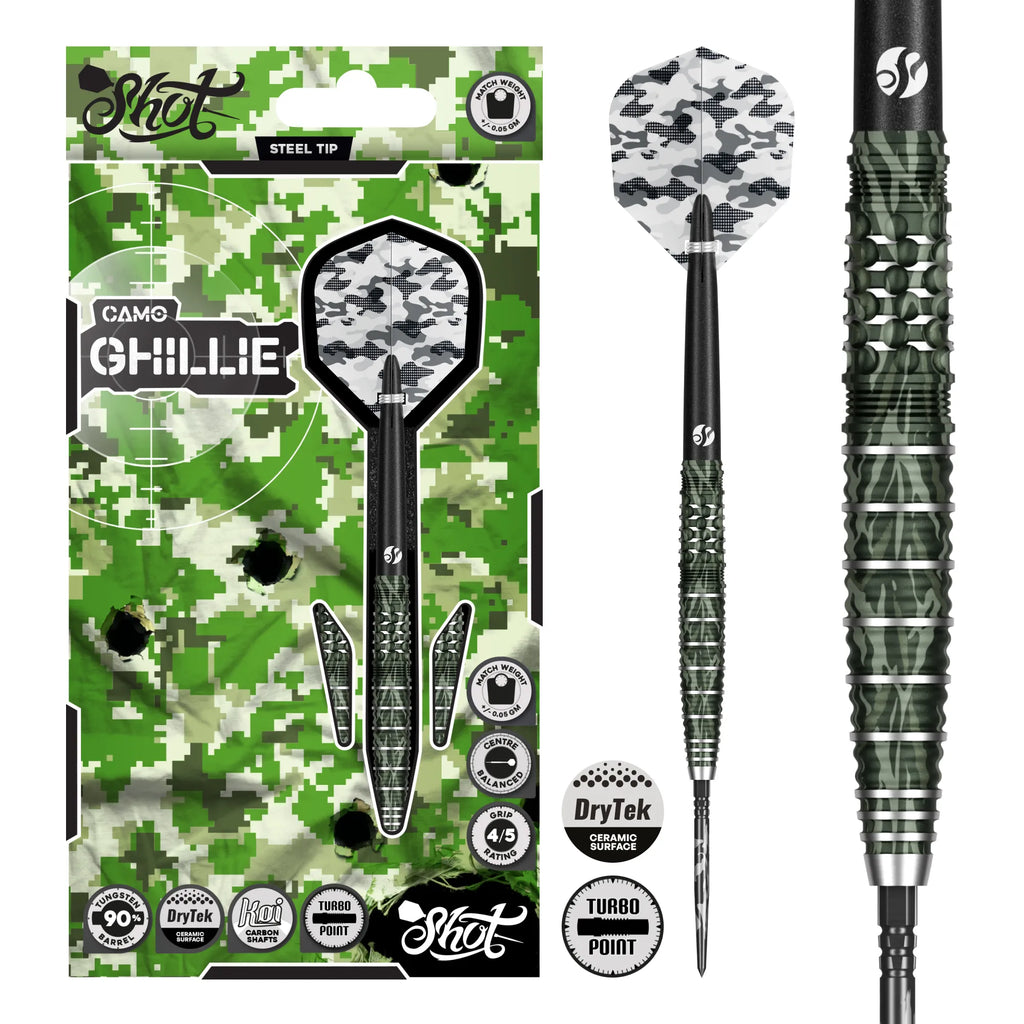 SHOT - 23g - Camo GHILLIE Turbo Point Darts Set - 90% Tungsten
