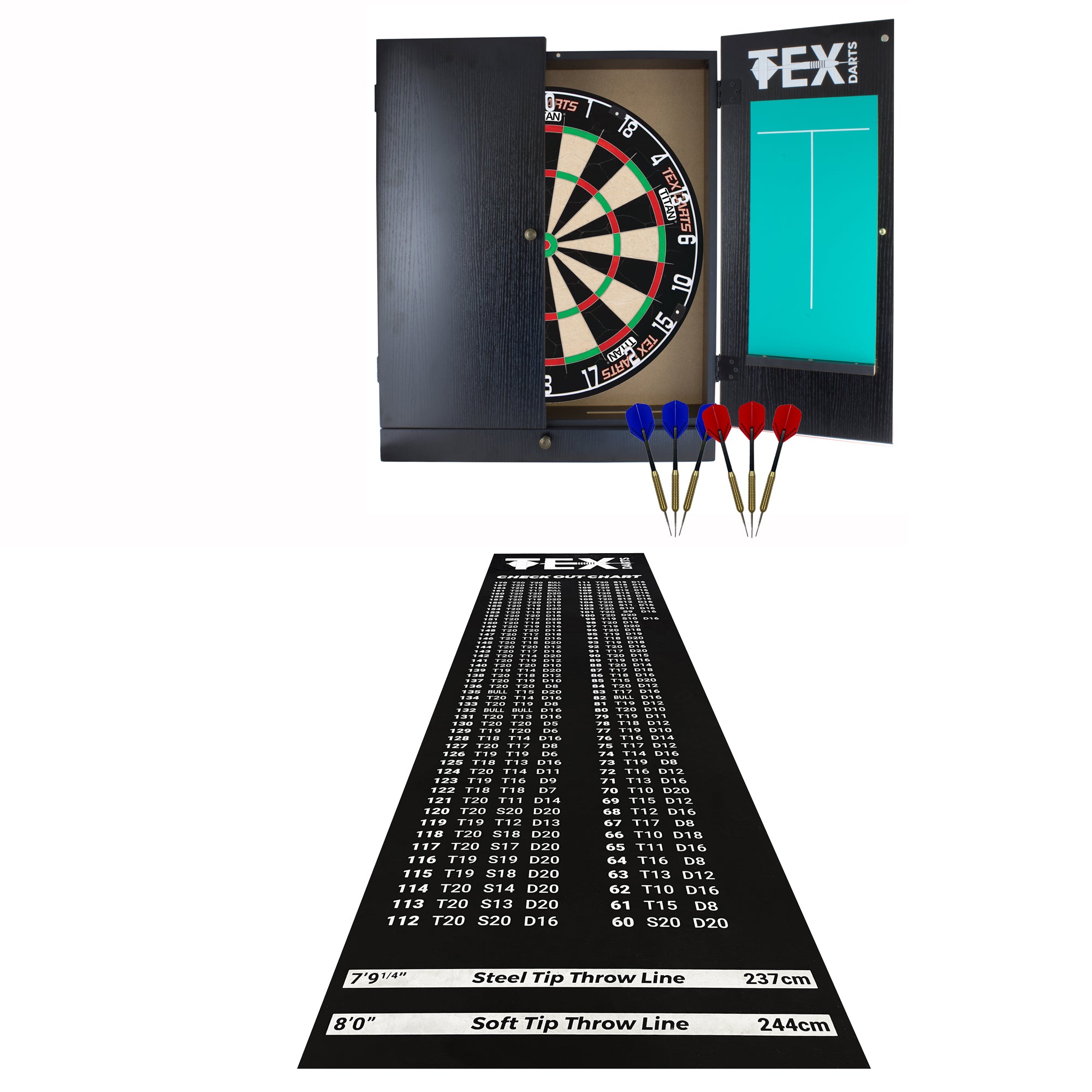TEX Storage DARTBOARD, DARTS & MAT Set BLACK